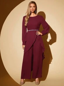 SHEIN Clasi 2pcs/Set Women Elegant Round Neck Asymmetric Lantern Sleeve & Wide Leg Pants Women Clothes Set