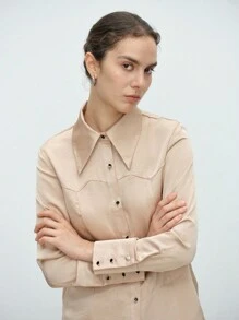 SHEIN LUNE Camisa de mujer elegante y de moda para uso diario, de manga larga, cuello alto, abierta por delante, de textura y unicolor - Champán - Ver 6