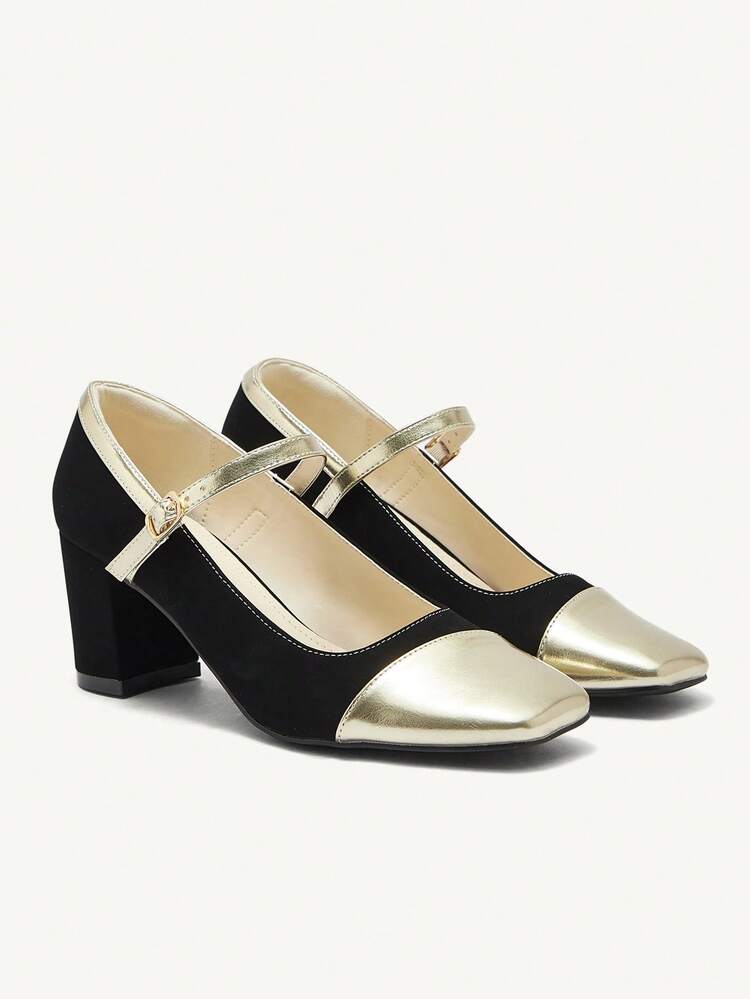 CUCCOO CHICEST 1pair Women Metal Block Heel Color Matching Mary Jane High Heel Pumps Valentine Day