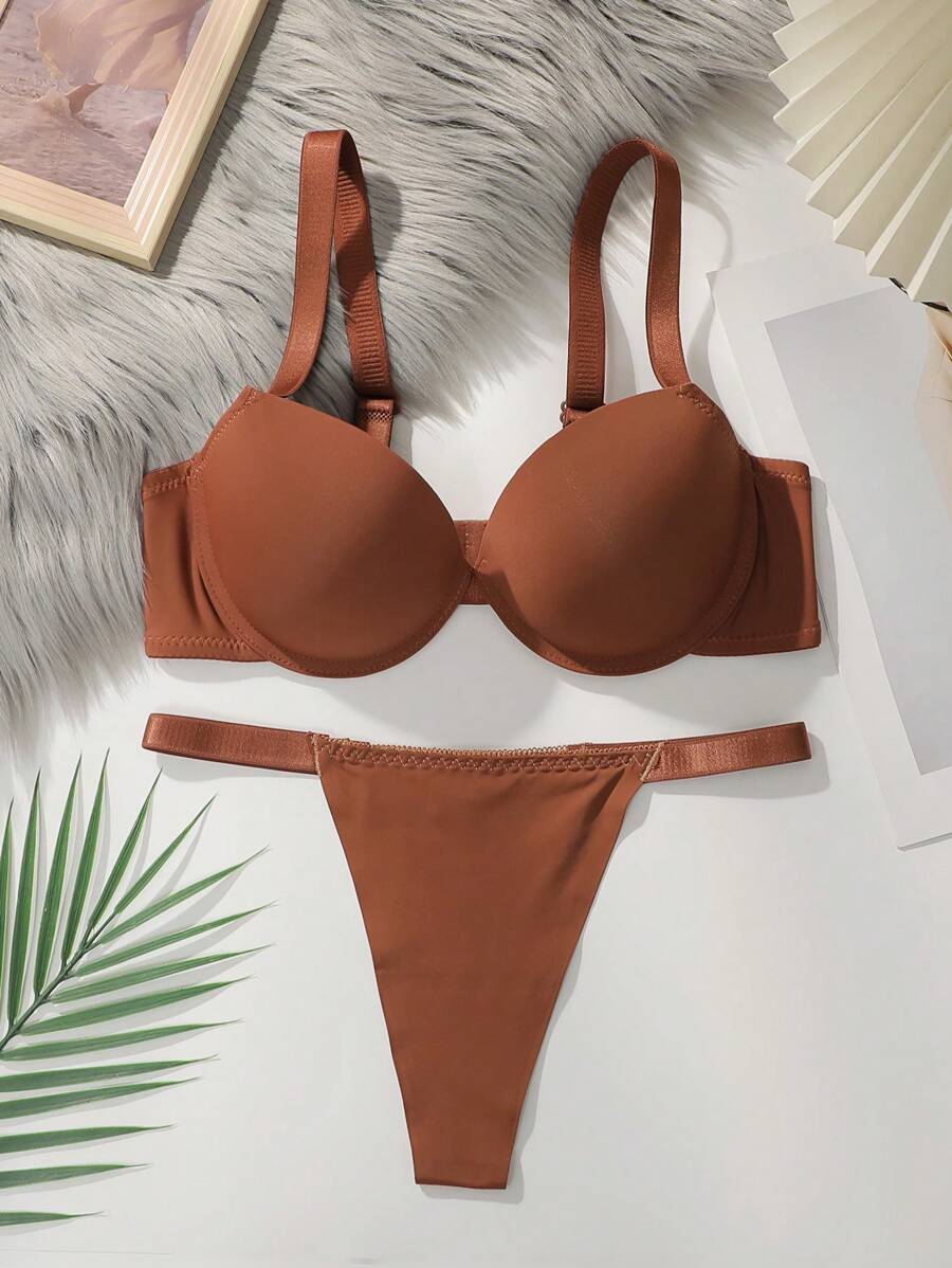 Minimalist Solid Color Wire-Bra And Thong Underwear Set - Brown - View 1