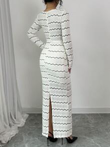 Modelyn 1 Peça Vestido Longo Elegante de Malha Jacquard em Bloco de Cor Abricó para Mulheres, Conjunto Longo de Vestidos de Noite para Mulheres - Damasco - Visão 2