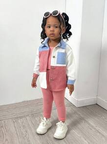 SHEIN 女婴灯芯绒拼接领外套套装，松紧腰裤，粉色、蓝色、白色撞色设计，休闲校服及户外活动套装，秋冬季 - 彩色 - 查看 7