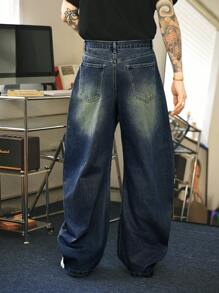 Manfinity Hypemode Y2K Retro Street Style Men Wide Leg Distressed Loose Fit Jeans, Dark Denim - Dark Wash - View 2