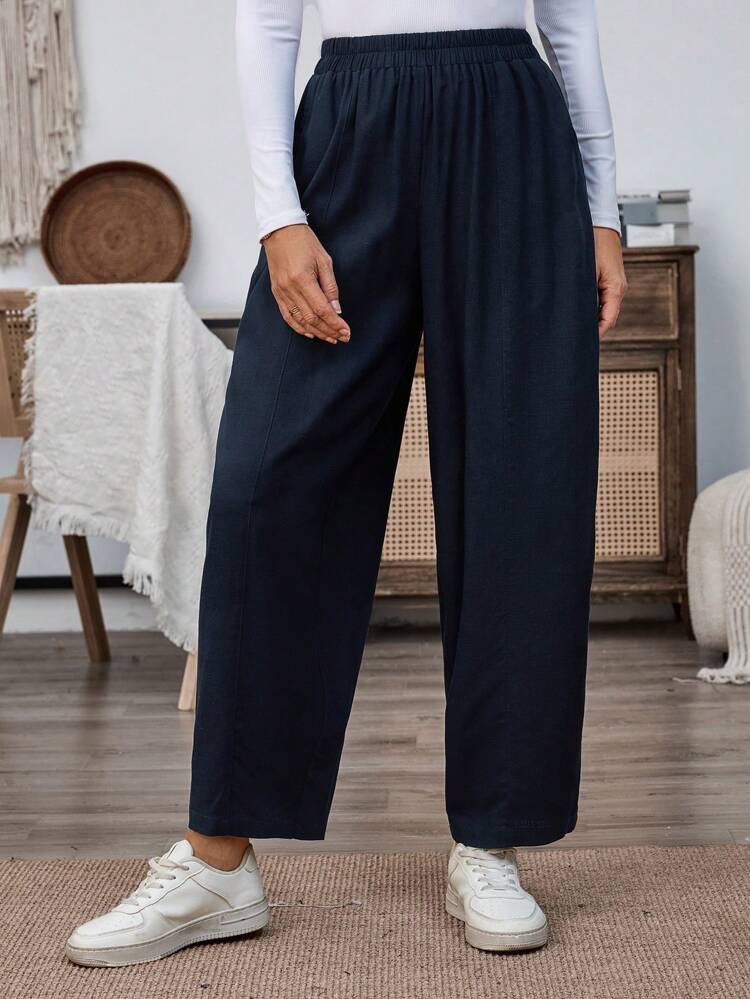Women Solid Color Simple Elastic Waist Side Pockets Straight Leg Trousers