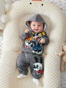 SHEIN 2 件套新生男婴/女婴可爱卡通印花长袖灰色运动衫和松紧腰长裤套装，适合儿童服装、返校、幼儿男孩服装、日常服装、运动装、秋冬 - 灰色 - 查看 3