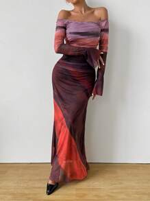 SHEIN Privé 1 件优雅扎染渐变印花露肩长裙 - 彩色 - 查看 5