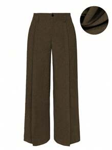SHEIN Unity Plus Size Women Simple Front Button Casual Trousers - Coffee Brown - View 1