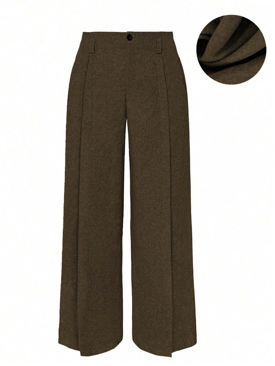 SHEIN Unity Plus Size Women Simple Front Button Casual Trousers - Coffee Brown - View 1