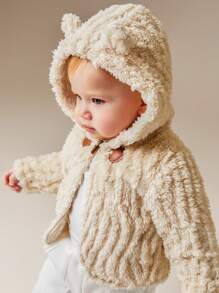 SHEIN Toddler Girls/Boys' Cute Horn Button Winter Warm Hooded Plush Jacket Outerwear - White - View 5