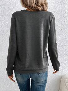 SHEIN LUNE 女士字母刺绣印花圆领休闲街头风圣诞卫衣，黑色，秋冬新品新年款，长袖上衣，休闲款 - 灰色 - 查看 2