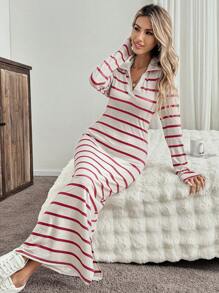 SHEIN LUNE Váy Polo sọc rộng rãi thoải mái cho nữ có xẻ tà, đa năng và thoải mái cho mọi mùa - Nhiều màu - Xem 4