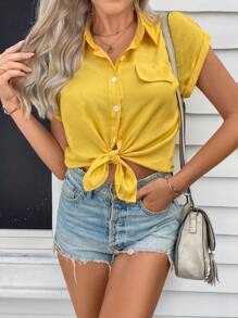 SHEIN LUNE Knotted Self-Tie Button-Front Shirt - Mustard Yellow - View 6