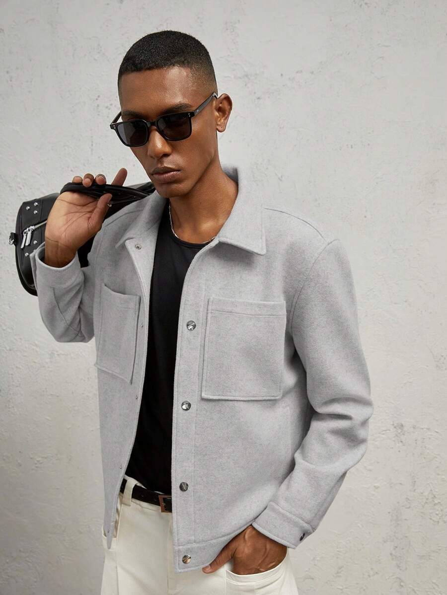 AKNOTIC Business Casual 男士剪裁翻领长袖夹克，适合秋冬季 - 灰色 - 查看 1