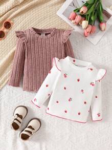 Bộ 2 món cho bé gái, áo thun dệt kim viền bèo nhún màu anh đào và màu trơn - Hồng - Xem 1
