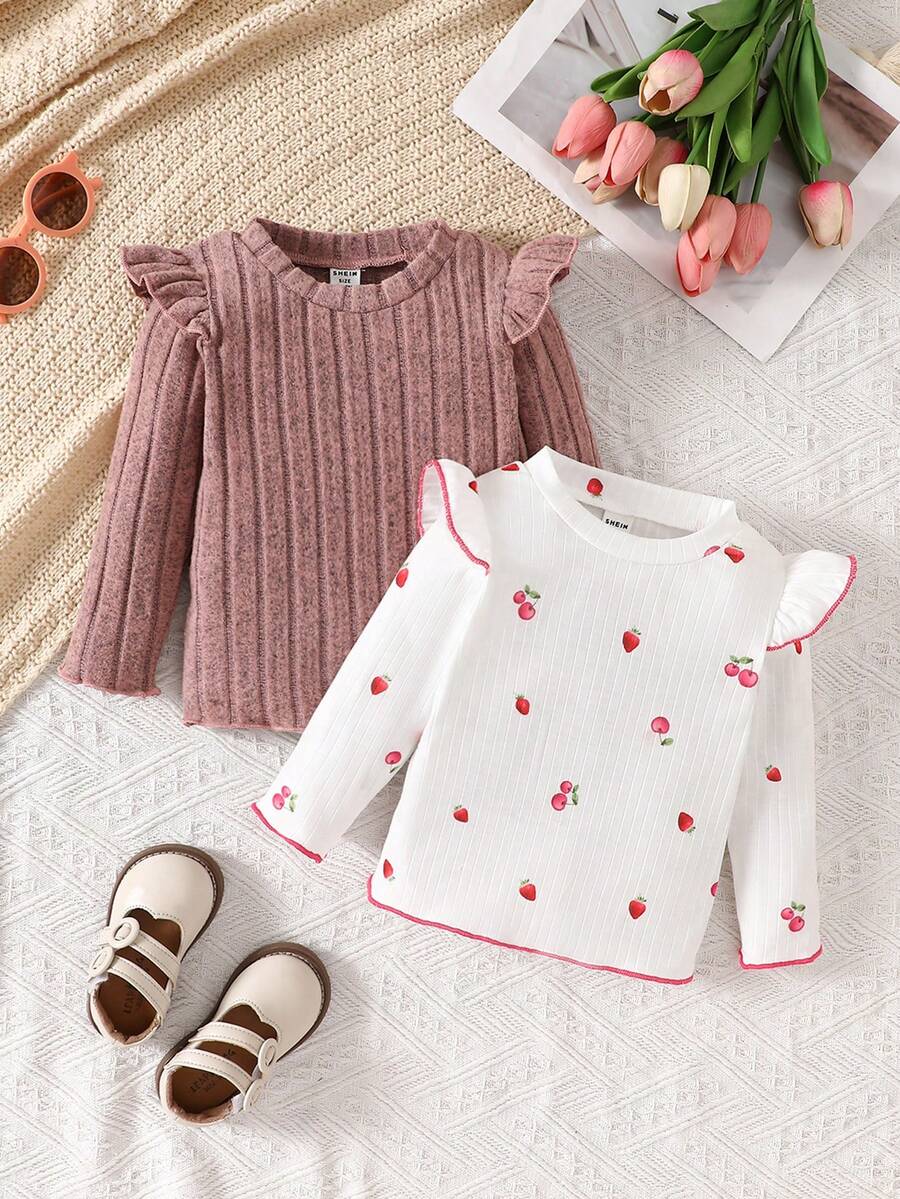 Bộ 2 món cho bé gái, áo thun dệt kim viền bèo nhún màu anh đào và màu trơn - Hồng - Xem 1