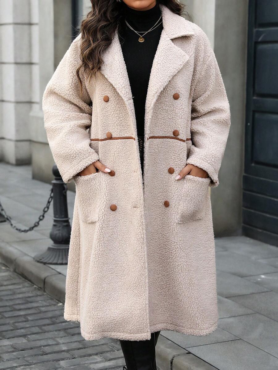 Flirla 大码女士优雅休闲通勤西装外套，法式立领双排扣蓬松饰边口袋长袖长外套，秋冬 - 杏色 - 查看 1