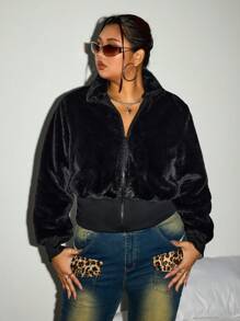 SHEIN ICON Plus Size Women ICON Stand Collar Fluffy Fleece Jacket - Black - View 4