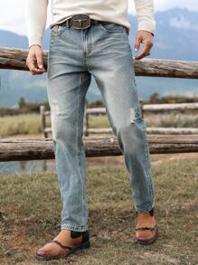 Manfinity Homme 男士基本款前扣口袋牛仔裤，日常休闲装，纯色修身长款水洗浅蓝色工装牛仔裤，适合送给丈夫、男朋友的礼物 - 藍色 - 查看 1