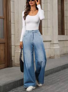 SHEIN LUNE Damen lässige, weite Jeans mit Taschen in lockerer Passform, vielseitig einsetzbar - Mittele Waschung - Übersicht 1