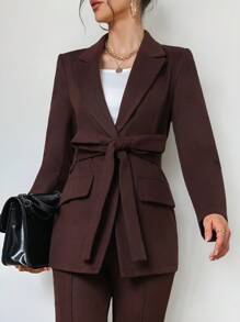 Firerie 女士优雅别致纯色咖啡色系带西装外套 - 咖啡棕 - 查看 3