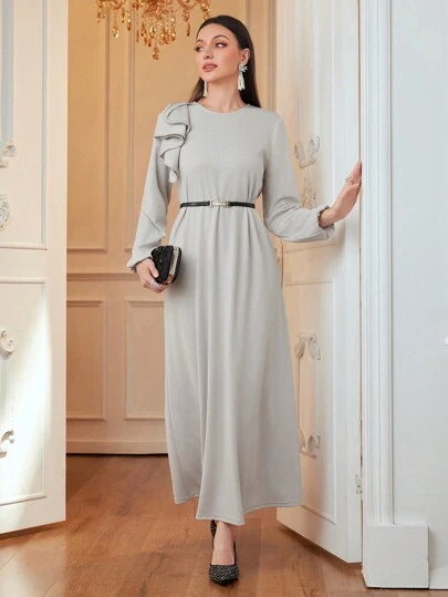 Al Najma 3D 花卉直筒 A 字裙宽松修身时尚优雅女士连衣裙，优雅 A 字阿拉伯朴素长袖连衣裙，适合日常休闲