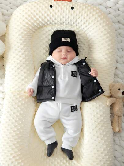 3 件套新生男童/女童休闲风格宽松肩部羊毛连帽衫 + 羊毛背心夹克 + 针织袖口裤，适合秋冬季室内外穿着