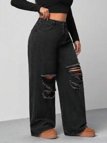 SHEIN MOD Plus Size Women Loose Fit Ripped Wide Leg Boyfriend Jeans, Fall Women Clothes