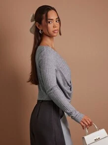 COSMINA Women V-Neck Long Sleeve Plain T-Shirt, Casual For Daily Wear - Grey - View 6