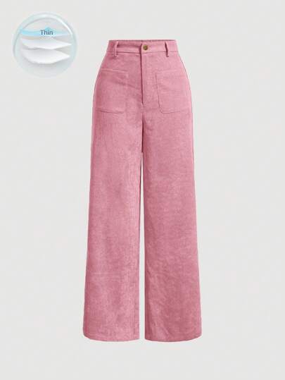 SHEIN MOD Solid Patch Pocket Corduroy Wide Leg Pink Summer And Autumn Pants