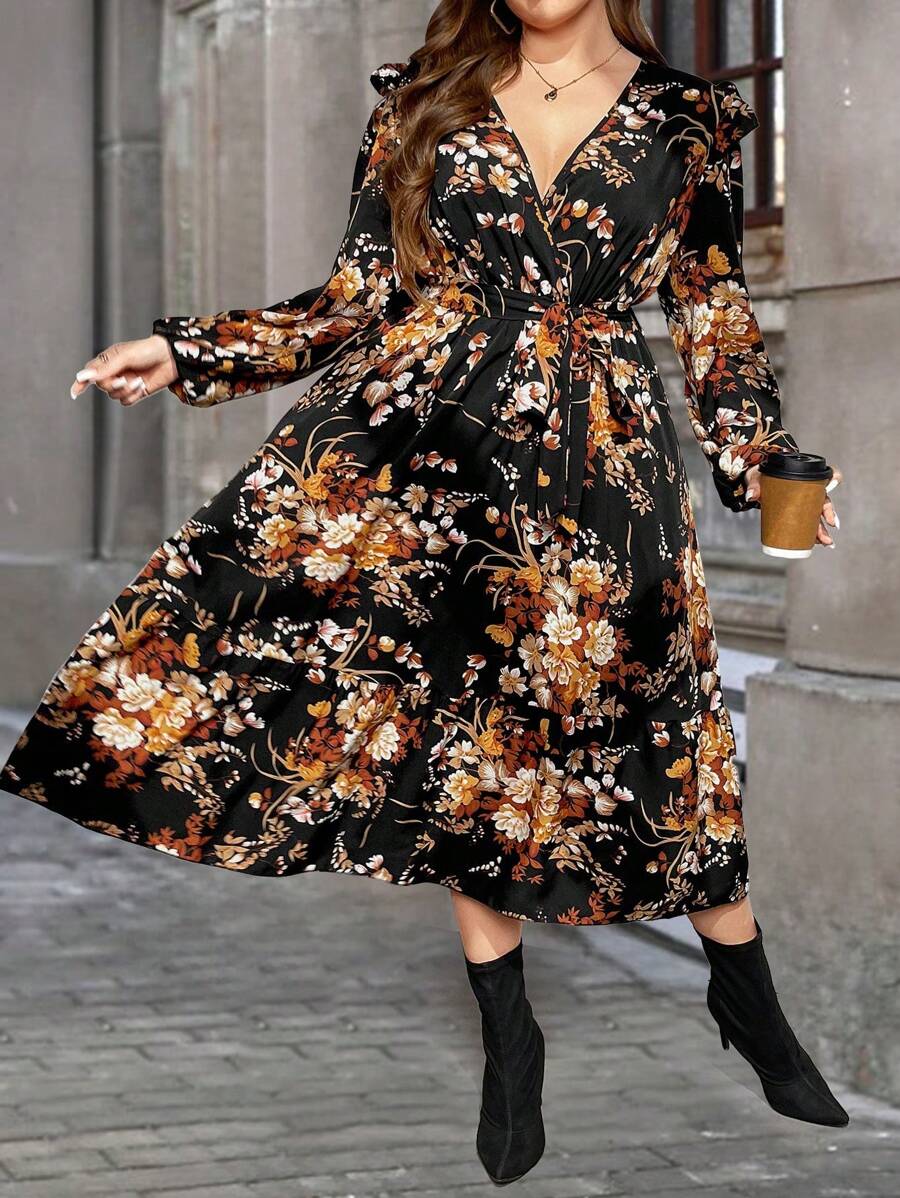 SHEIN Clasi Plus Size Fall Floral Print V-Neck Crossover Wrap Long Sleeve Dress - Multicolor - View 1