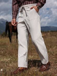 Manfinity RSRT Pantalones casuales de corte recto y ajuste holgado de un solo color con bolsillos, pantalones bohemios largos para el bosque, para regalos de esposo o novio