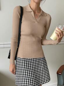 DAZY 1pc Business Casual Plain Collar Ribbed Long Sleeve Sweater Pullover,Fall Clothes - Apricot - View 6
