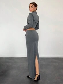 Aloruh 女士通勤工作两件套：单排扣西装外套和超长 A 字裙，秋冬新品 - 灰色 - 查看 2