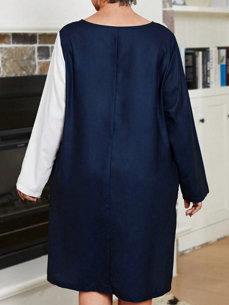 Plus Size Mom Contrast Color Pocket Decoration Long Sleeve Dress,Winter Dress