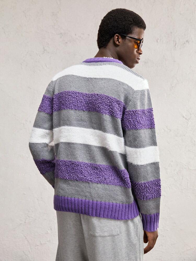 Men's Purple White Contrast Stripe Pattern Colorful Knit Round Neck Long Sleeve Slim Fit Casual Pullover Cable Knit Sweater, Suitable For Autumn/Winter, Everyday And Commute Wear, For Old Money Men, Boyfriend Gift