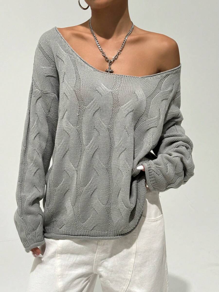 StreetHx 女士不对称肩部灰色绞花针织毛衣，二合一设计，秋冬针织套头衫 - 灰色 - 查看 1