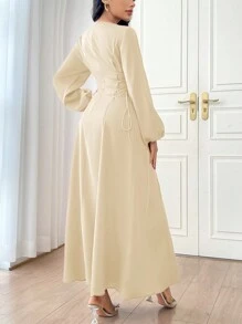 Modelyn 勃艮第红色女士纯色简约日常长袖连衣裙派对优雅晚会长袖长裙长款晚礼服 - 米色 - 查看 2