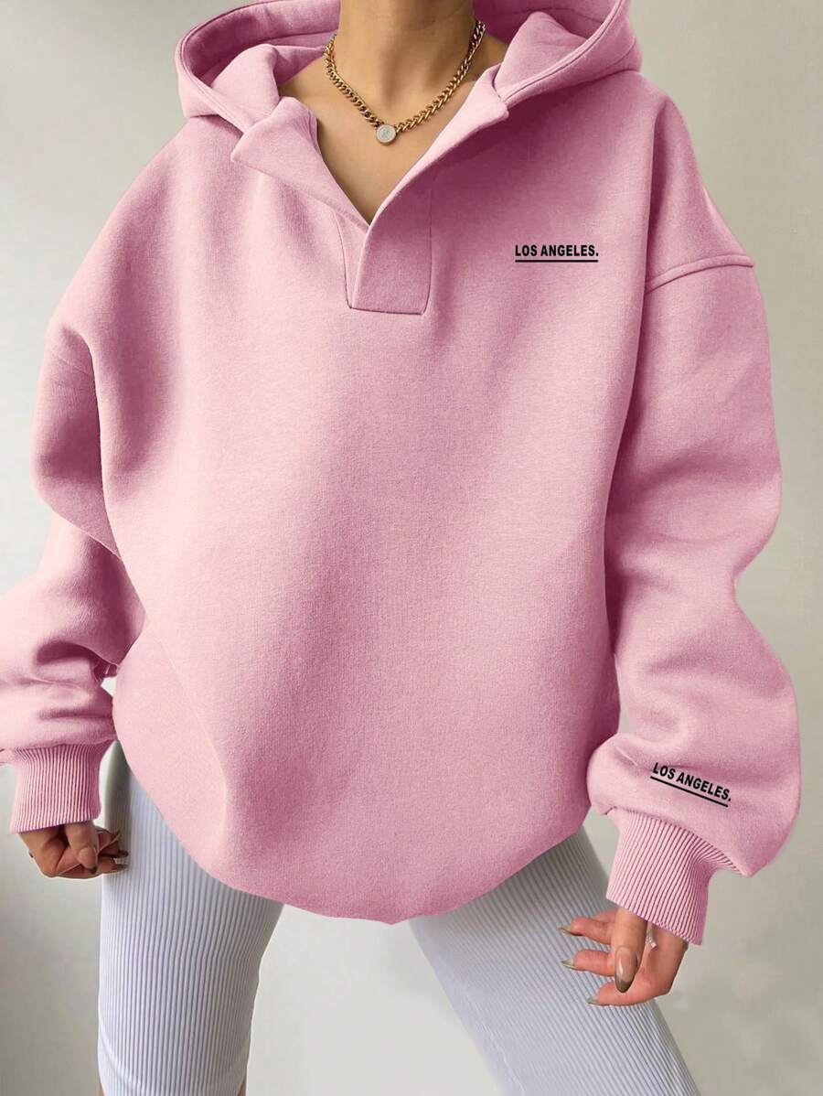 INAWLY Women Letter Print Minimalist Pullover Hoodie, Casual Daily Wear - Pink - View 1