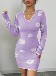 Chiquease Đầm len chui đầu ngắn tay dài họa tiết hoa thanh lịch cho nữ - Màu tím hoa cà - Xem 5
