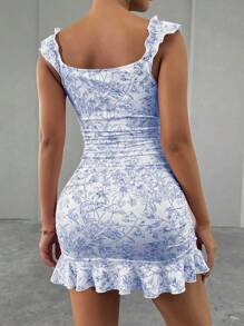 Breezaya Đầm trễ vai in hoa bèo nhún buộc phía trước trang phục thanh lịch cho kỳ nghỉ bãi biển dành cho nữ - Màu xanh lam - Xem 2