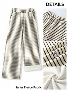 SHEIN BASICS Casual Striped Thickened Warm Loose Wide-Leg Women Pants - Black and White - View 1