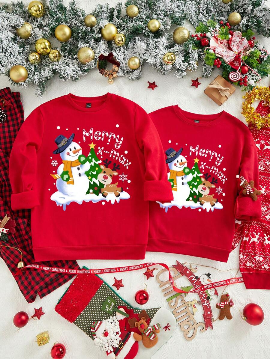 Manfinity Homme Sudadera slim fit de cuello redondo con estampado de muñeco de nieve de Navidad en estilo vintage casual para hombres, regalo - Rojo - Ver 1