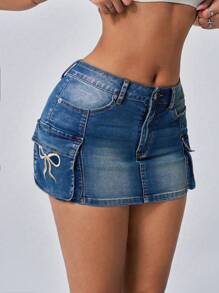 SHEIN ICON Váy denim mini gợi cảm thêu hình bướm có túi bó - Rửa trung bình - Xem 1
