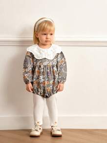 SHEIN Ensemble body et pantalon côtelé avec nœud au poignet pour bébé fille, style doux et mignon. Col claudine, imprimé vert, broderie, bas évasé. Tenue mode automne/hiver