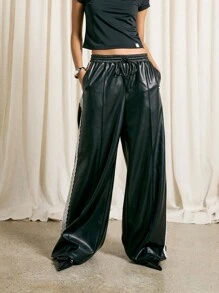 AiiRZ 对比色蕾丝仿皮阔腿套脚裤 - 黑色 - 查看 1