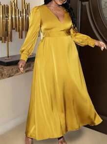 Slaydiva Váy lụa satin dáng chữ A rộng cổ chữ V sâu màu vàng trơn thanh lịch, gợi cảm, dự tiệc, tụ tập, hẹn hò, buổi tối dành cho phụ nữ ngoại cỡ, mùa xuân/thu - Màu vàng - Xem 1