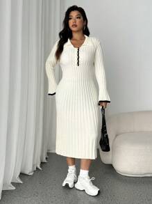 Calvaya 加大码 1 件优雅单排扣领毛衣裙，适合冬季 - 杏色 - 查看 4