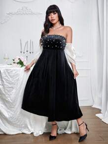 Allurite Elegantes Velvet-Kleid in color-Block-Optik mit Perlendekor in Große Größen, Vintage-Stil - Schwarz - Übersicht 6