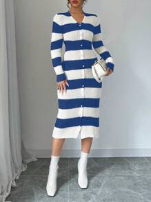 SHEIN LUNE 女式 V 领条纹印花前纽扣长袖针织毛衣连衣裙 - 藍白色 - 查看 3