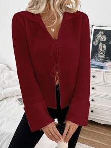 SHEIN LUNE 网红款可调节前系带休闲翻领开衫，米色，适合新年衣服 - 紅色 - 查看 5